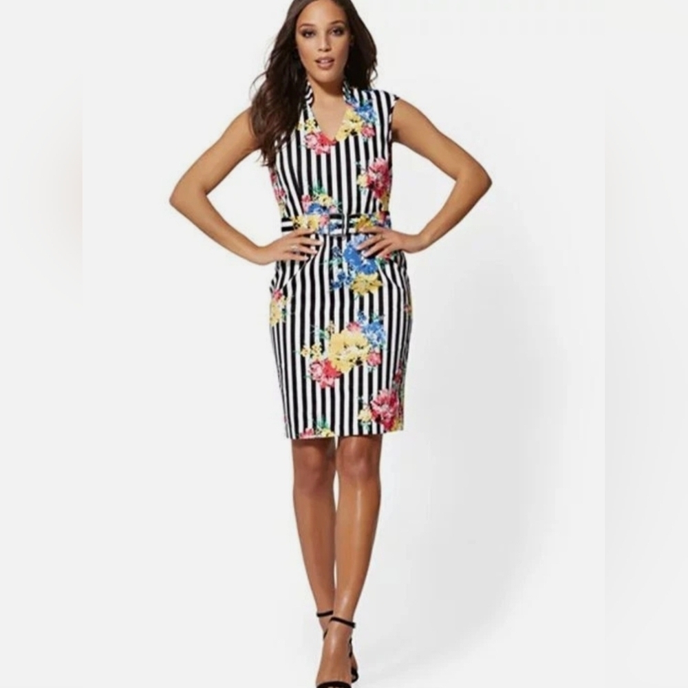New York & Company Black White Floral Stripe Sheath Dress Size 12